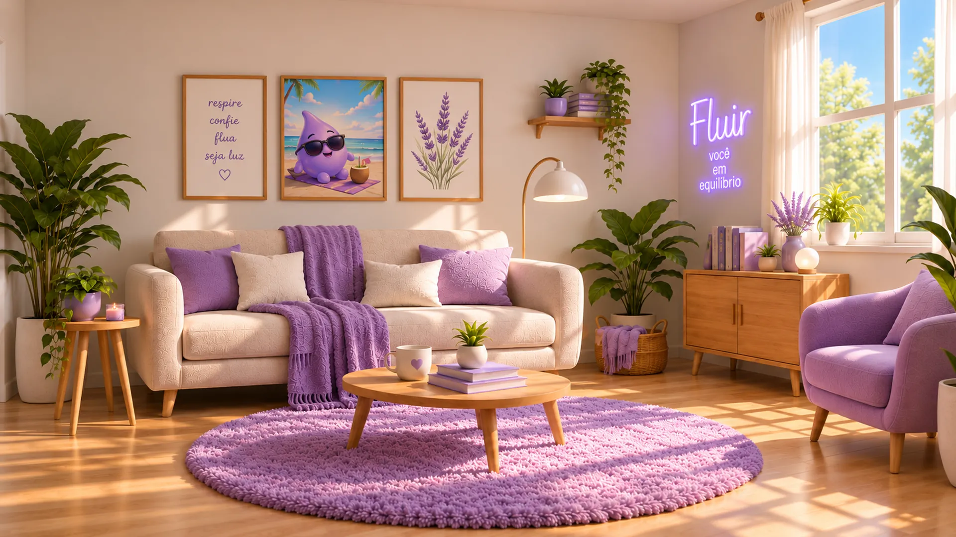 A sala da Flu: sofá, almofadas e tapete em tons de lavanda, com o neon “Fluir” na parede