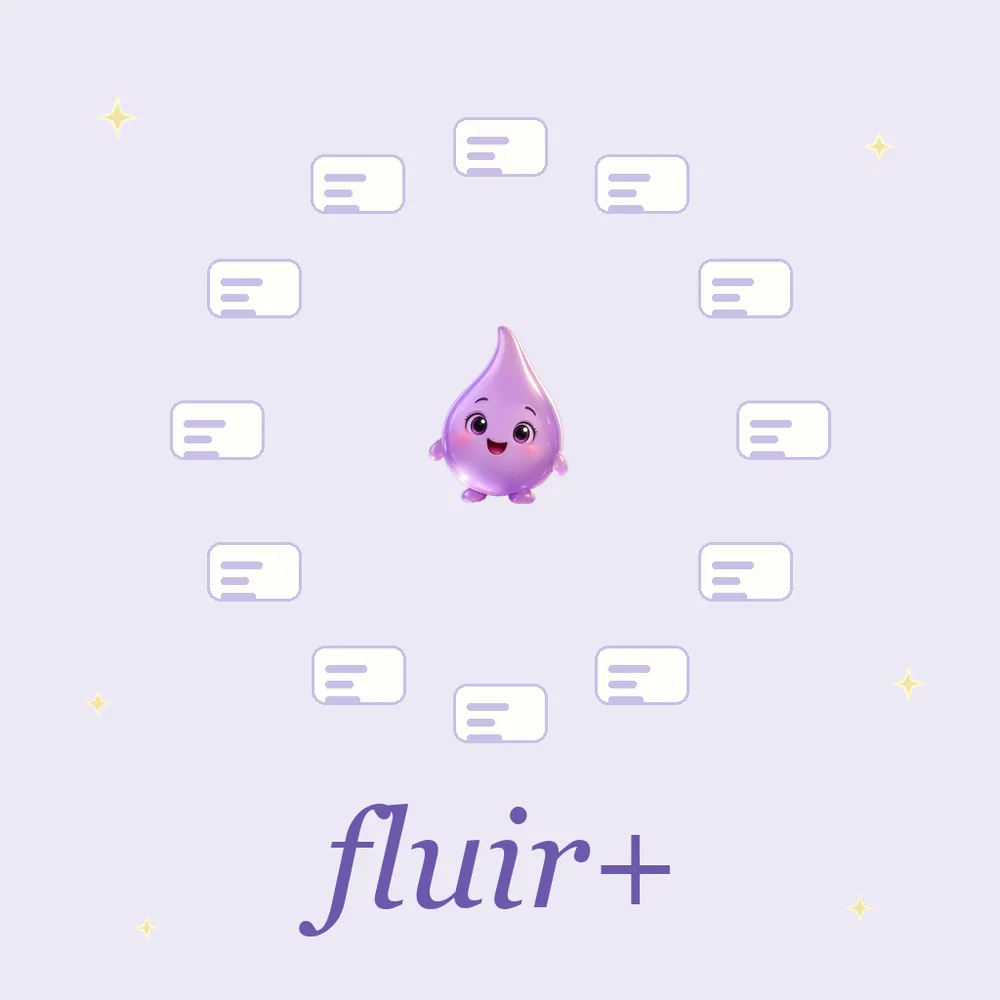 Ilustração do Fluir+: a Flu cercada de cartões de registros